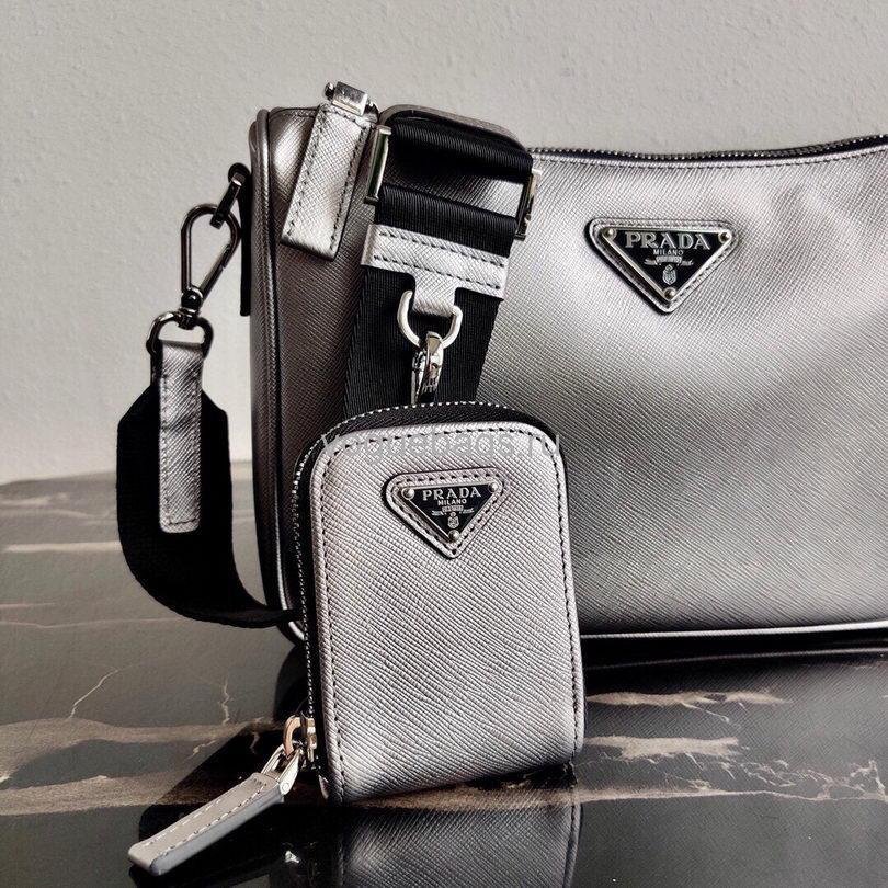 Replica Prada 2VH113 Saffiano Leather Shoulder Bag in Sliver Grey