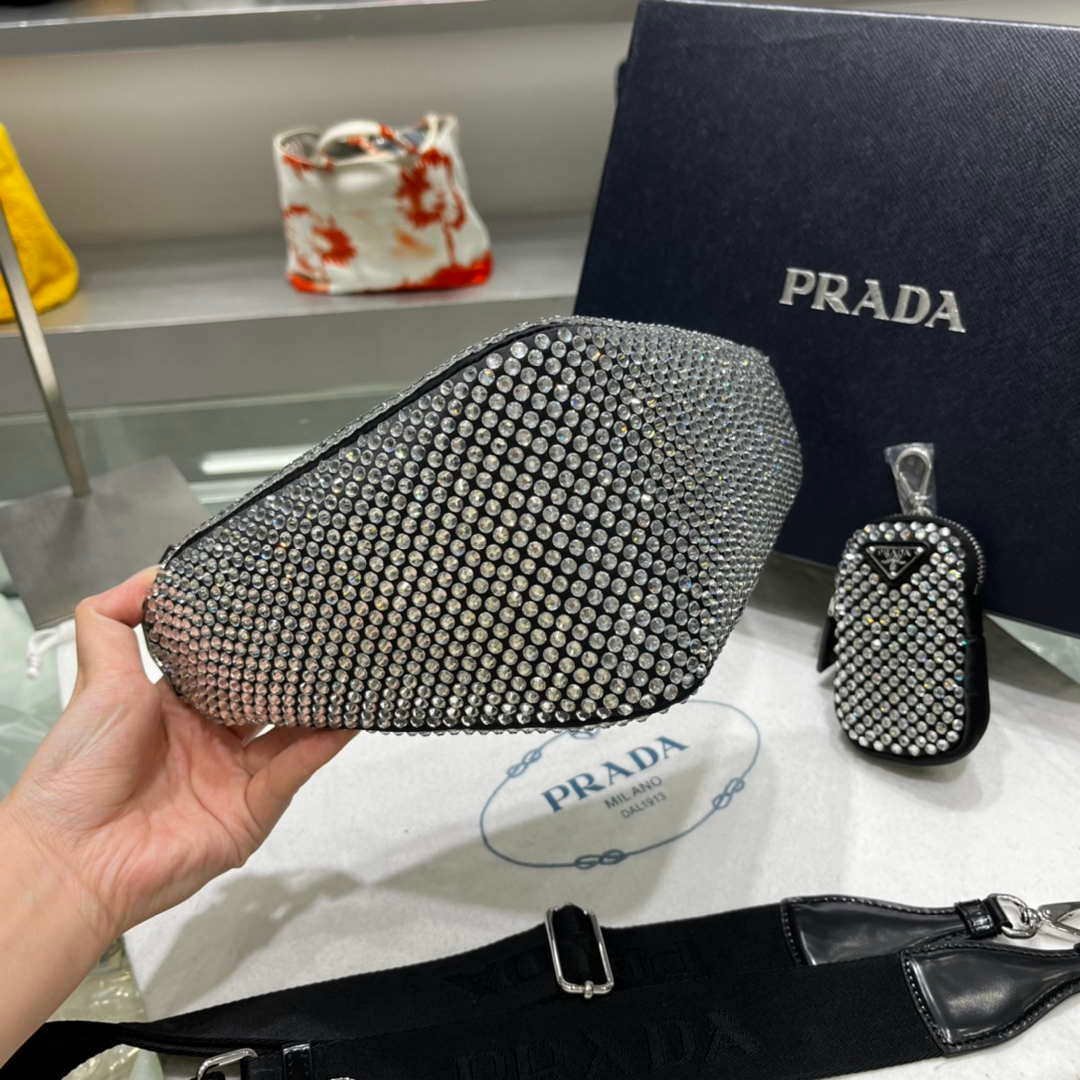Replica Prada 1NE190 Crystal-studded satin pouch Black