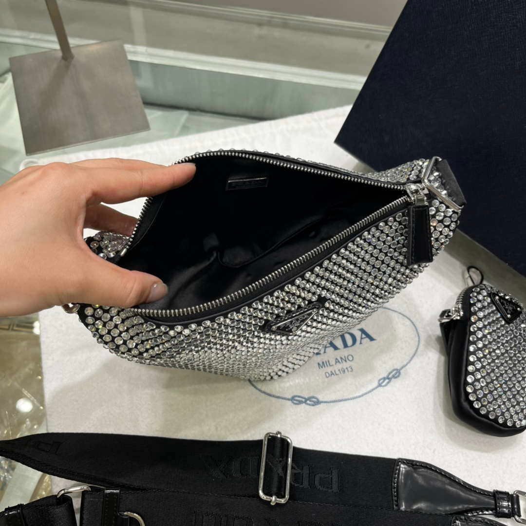 Replica Prada 1NE190 Crystal-studded satin pouch Black