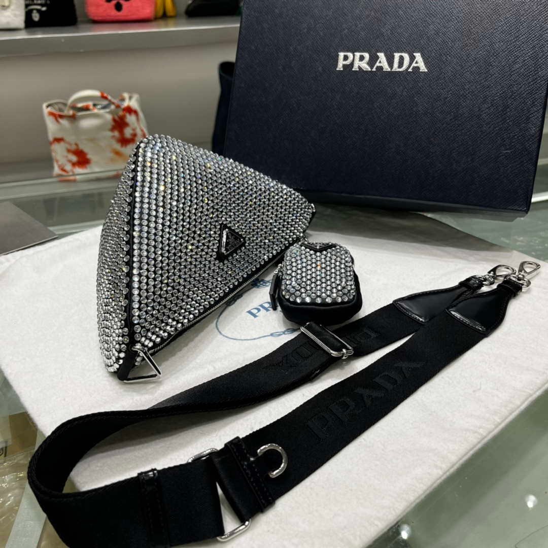 Replica Prada 1NE190 Crystal-studded satin pouch Black