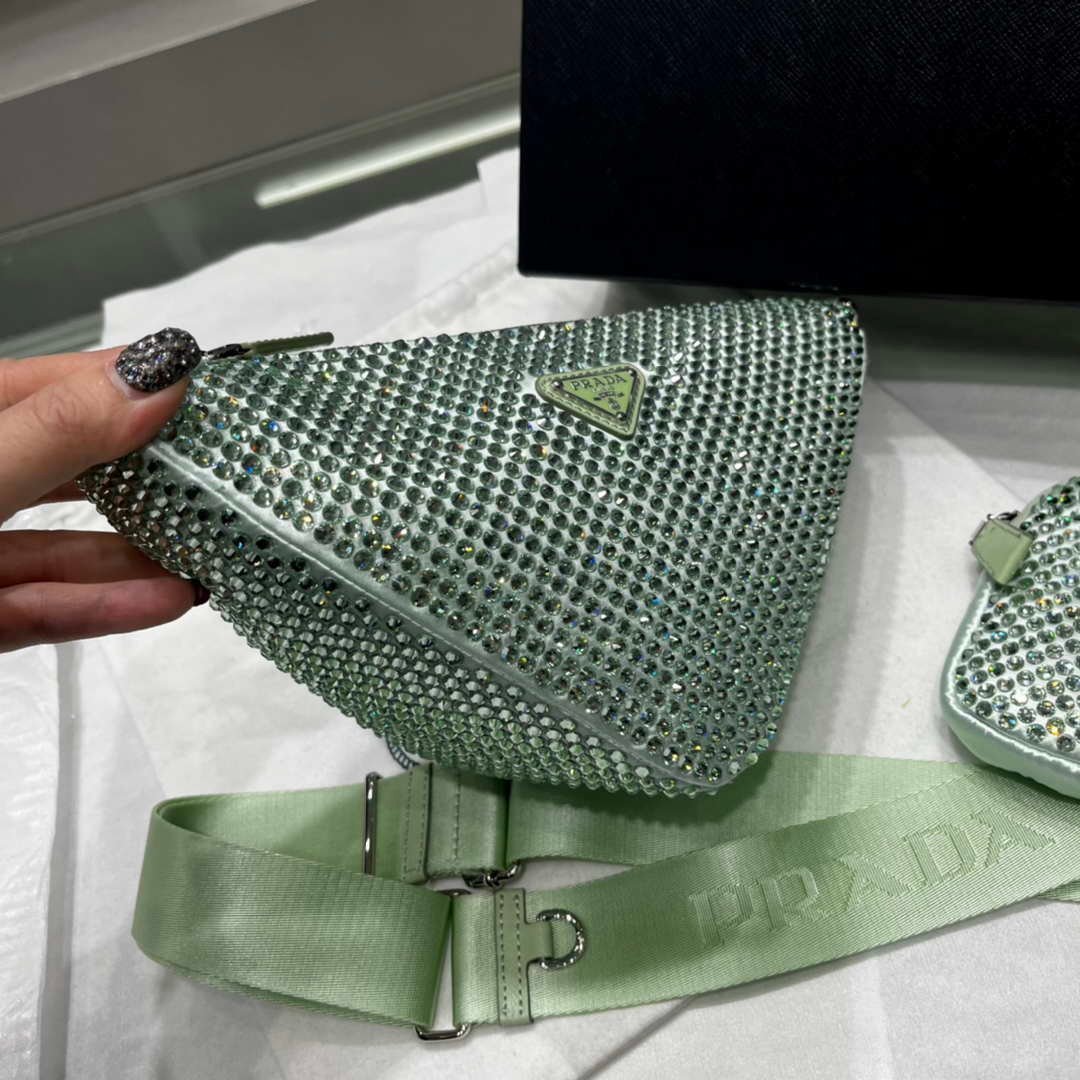 Replica Prada 1NE190 Crystal-studded satin pouch Green