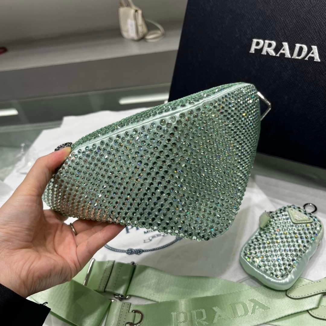Replica Prada 1NE190 Crystal-studded satin pouch Green
