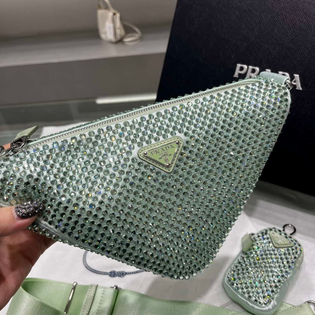 Replica Prada 1NE190 Crystal-studded satin pouch Green