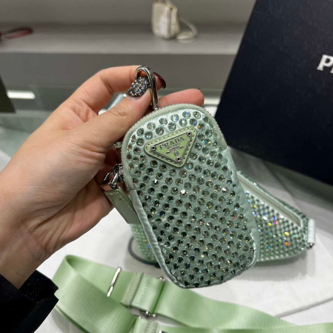 Replica Prada 1NE190 Crystal-studded satin pouch Green