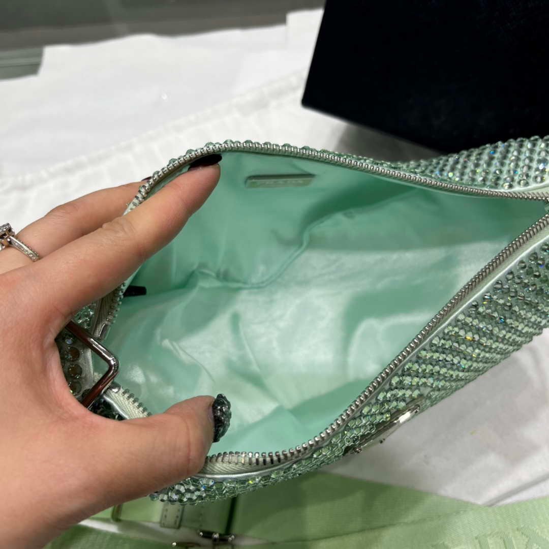 Replica Prada 1NE190 Crystal-studded satin pouch Green