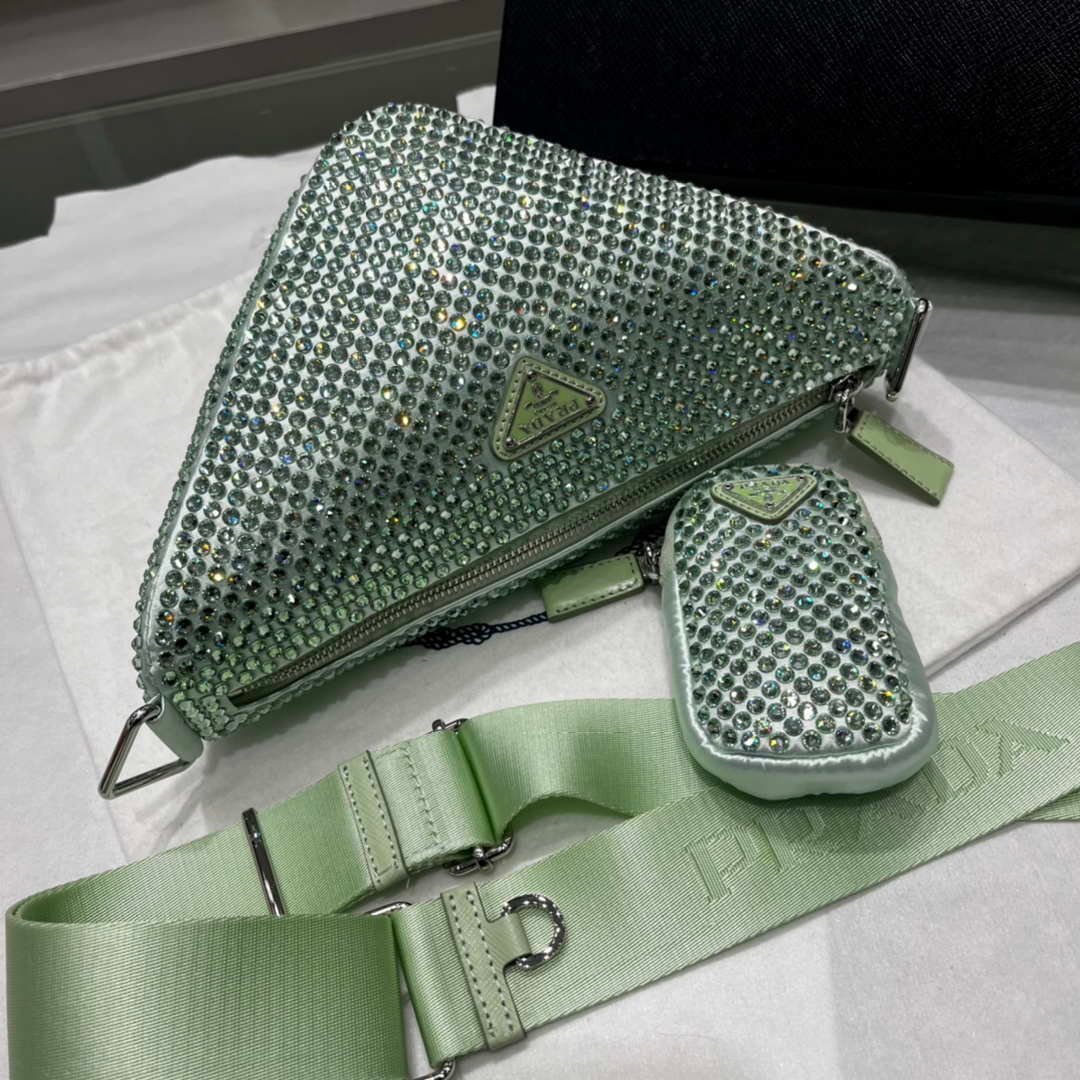 Replica Prada 1NE190 Crystal-studded satin pouch Green