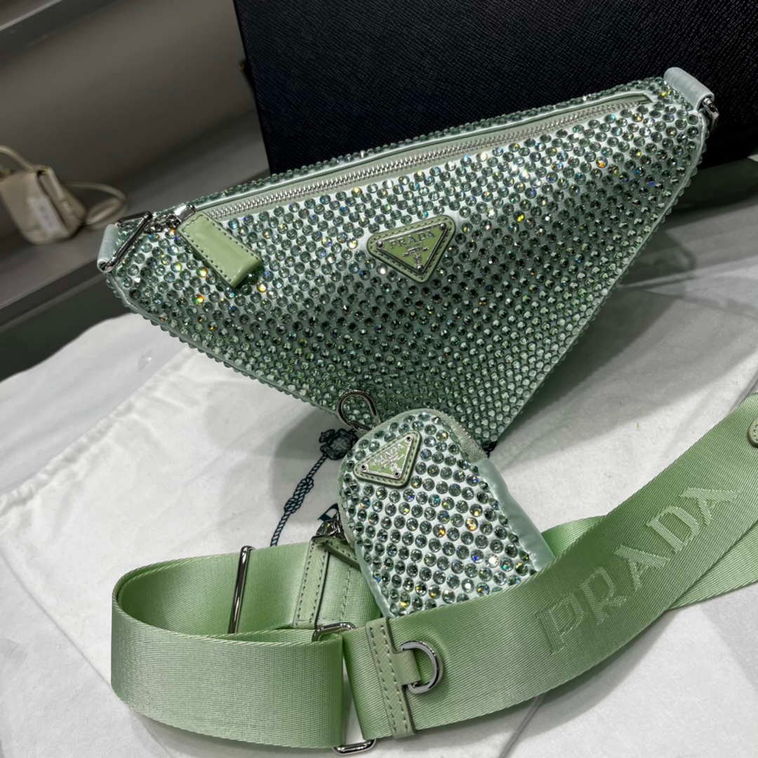 Replica Prada 1NE190 Crystal-studded satin pouch Green