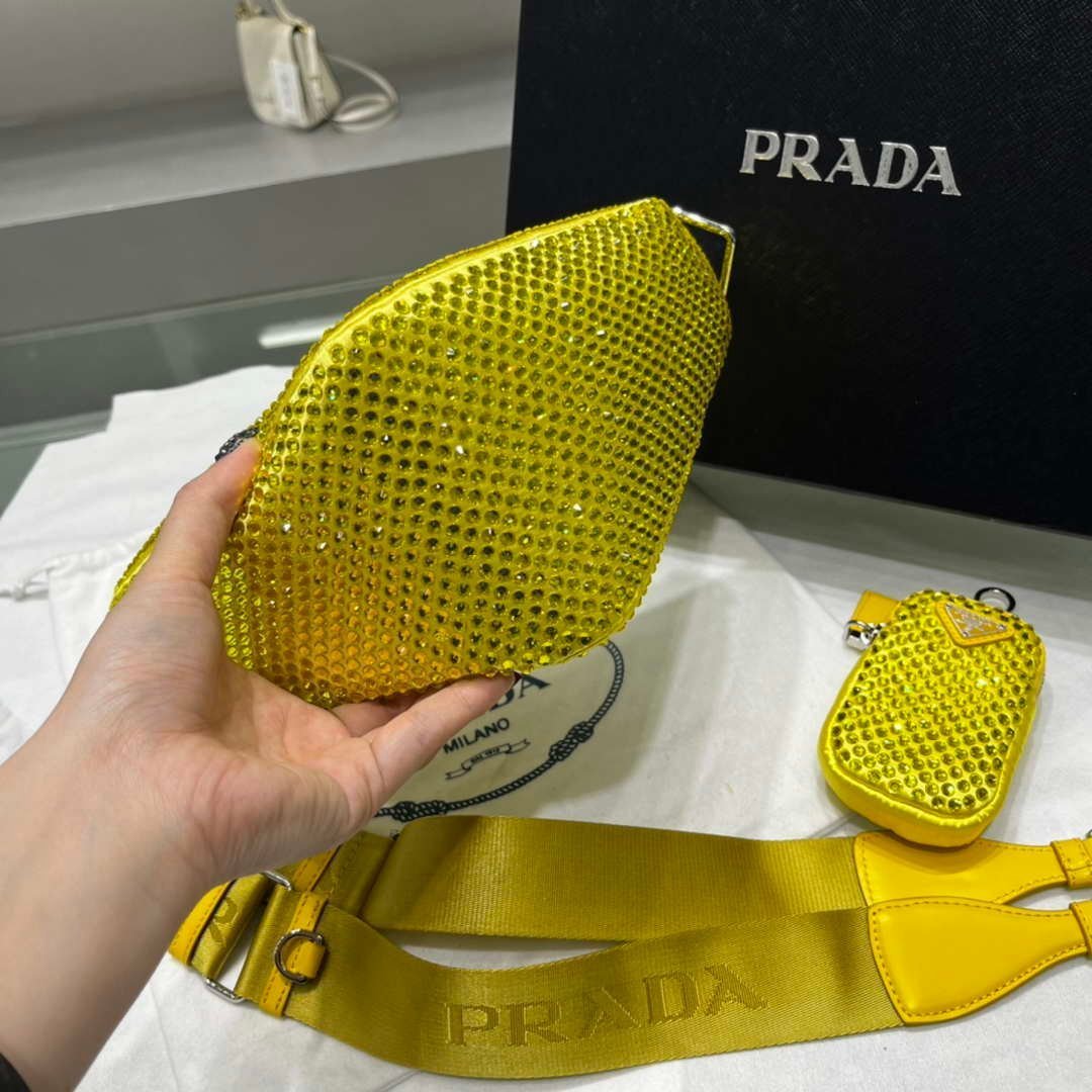 Replica Prada 1NE190 Crystal-studded satin pouch Yellow