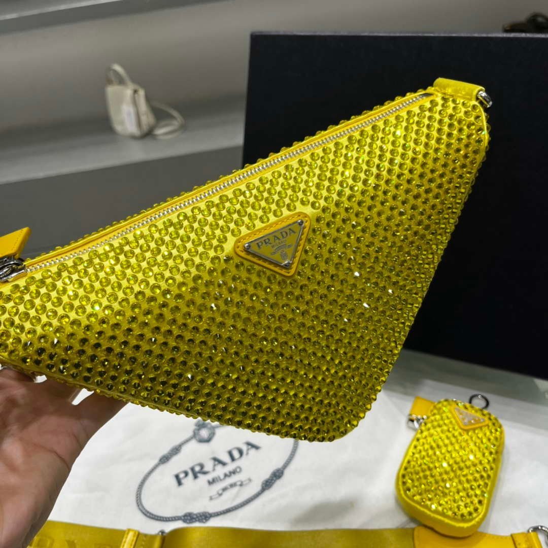 Replica Prada 1NE190 Crystal-studded satin pouch Yellow