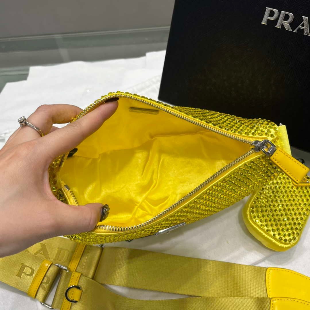 Replica Prada 1NE190 Crystal-studded satin pouch Yellow