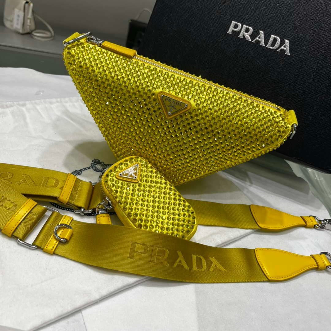 Replica Prada 1NE190 Crystal-studded satin pouch Yellow