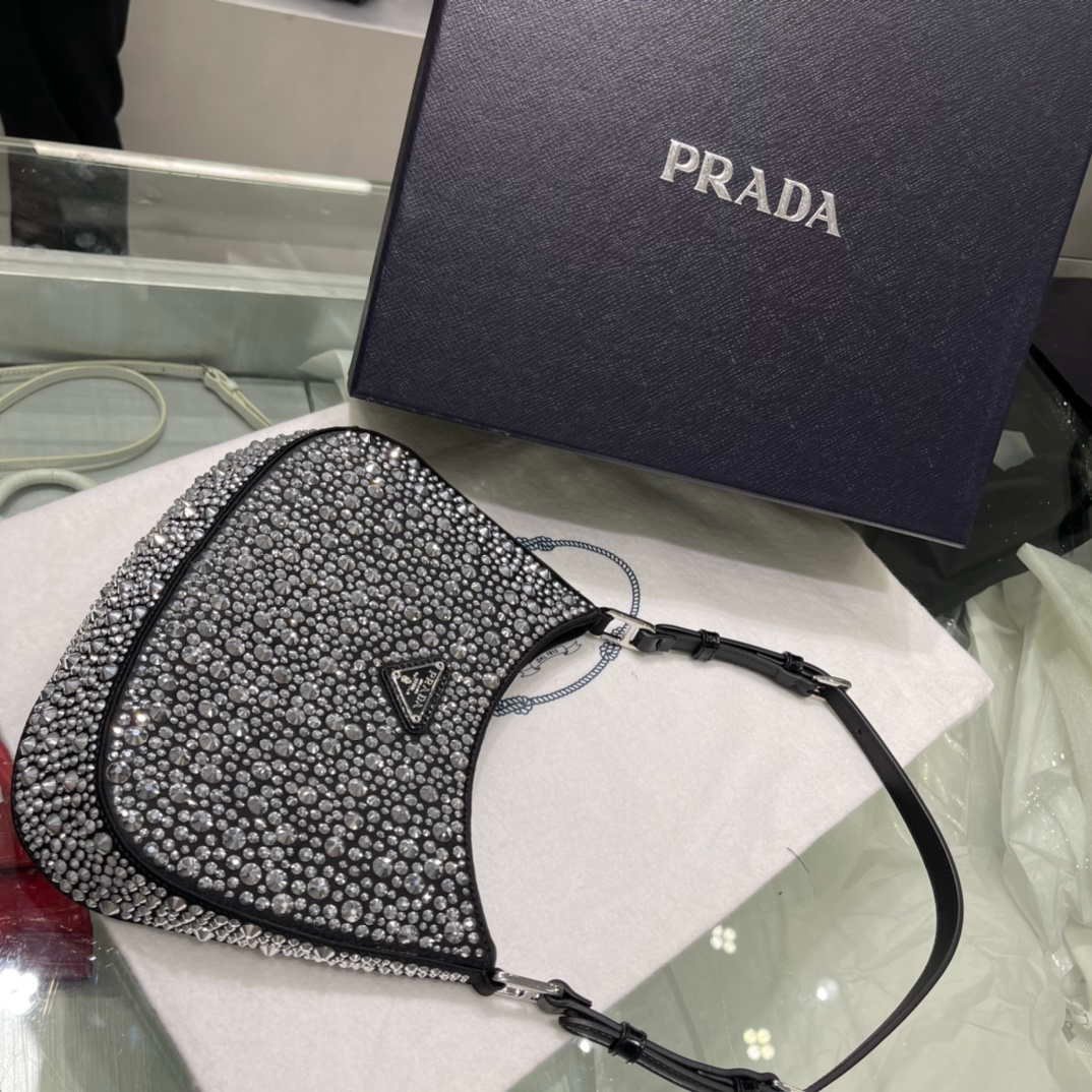 Replica Prada 1BC169 Prada Cleo satin bag with appliqués Black