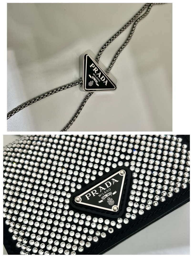 Replica Prada Crystal-studded card holder with shoulder strap 1MR024 Black Crystal