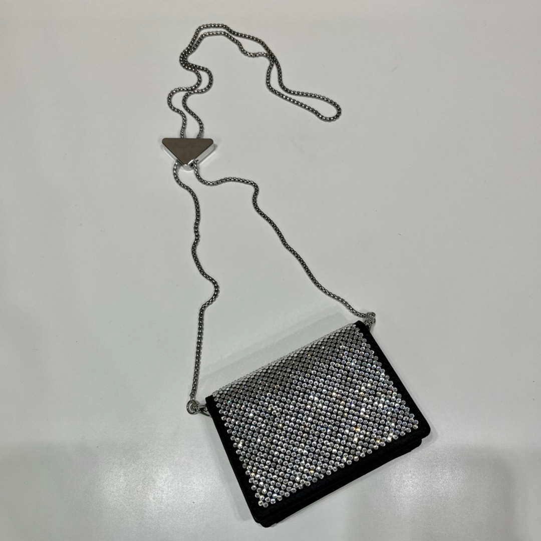 Replica Prada Crystal-studded card holder with shoulder strap 1MR024 Black Crystal