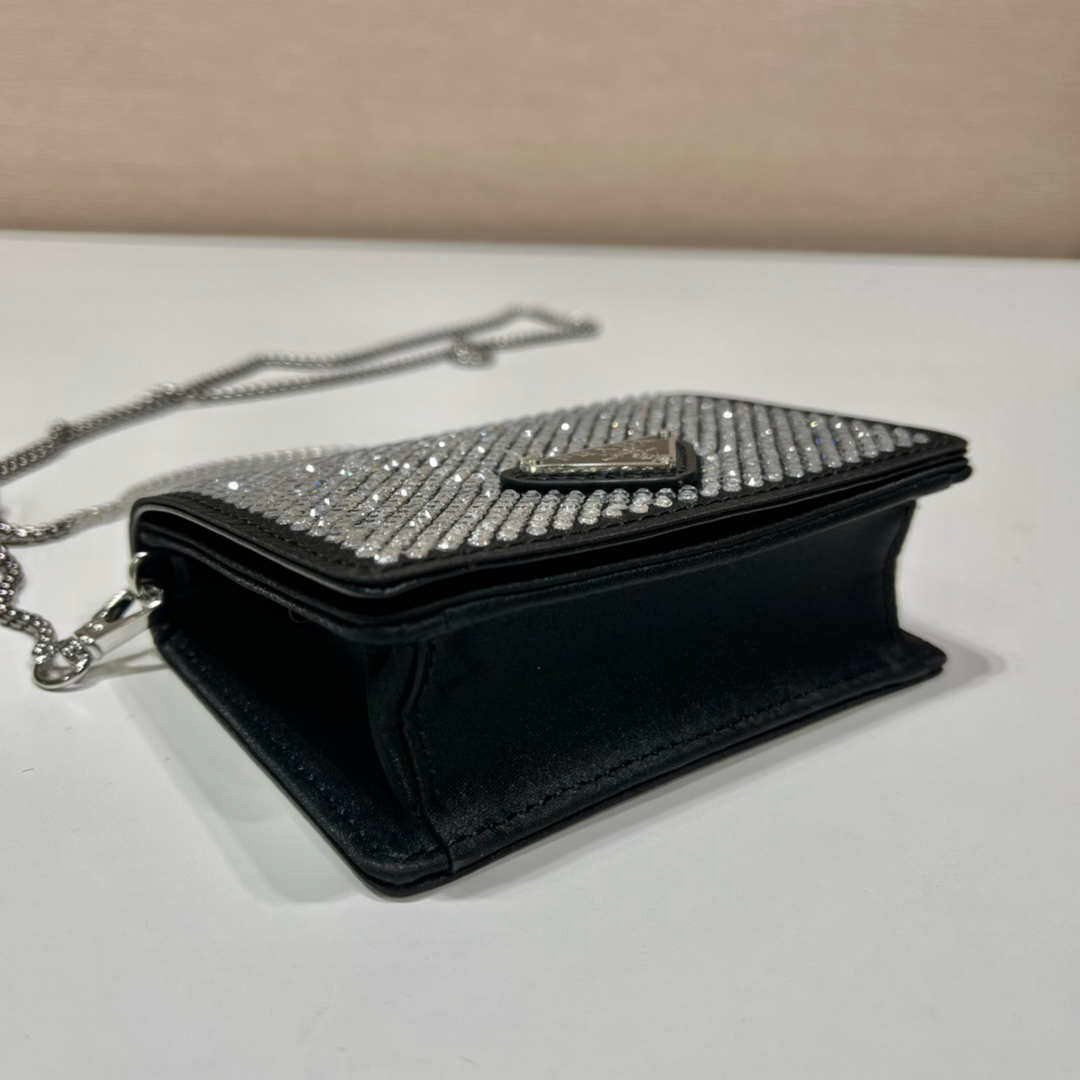 Replica Prada Crystal-studded card holder with shoulder strap 1MR024 Black Crystal