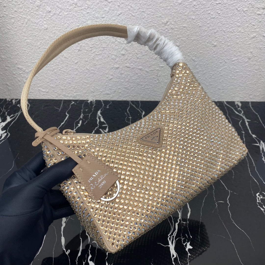 Replica Prada 1NE515 Satin mini-bag with artificial crystals apricot
